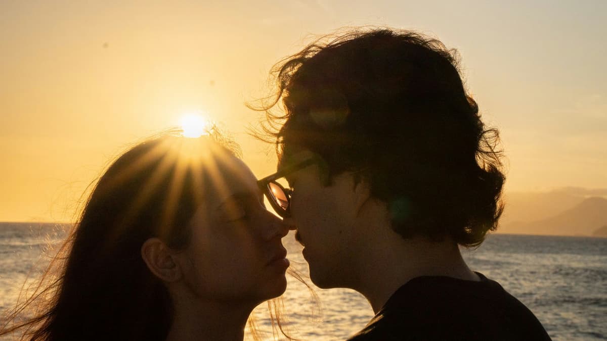 Silhouette of an embracing couple at sunset on a Brazilian beach, capturing a romantic moment.